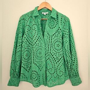 Chico's Emerald Green Eyelet Embroidered Button Boho Blouse Size 6